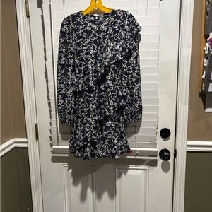 River Island Floral Ruffle Dress - Navy and White
